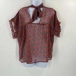 Natural Life Women XL Floral Sheer Boho Tie Neck Flutter Sleeve Blouse Top